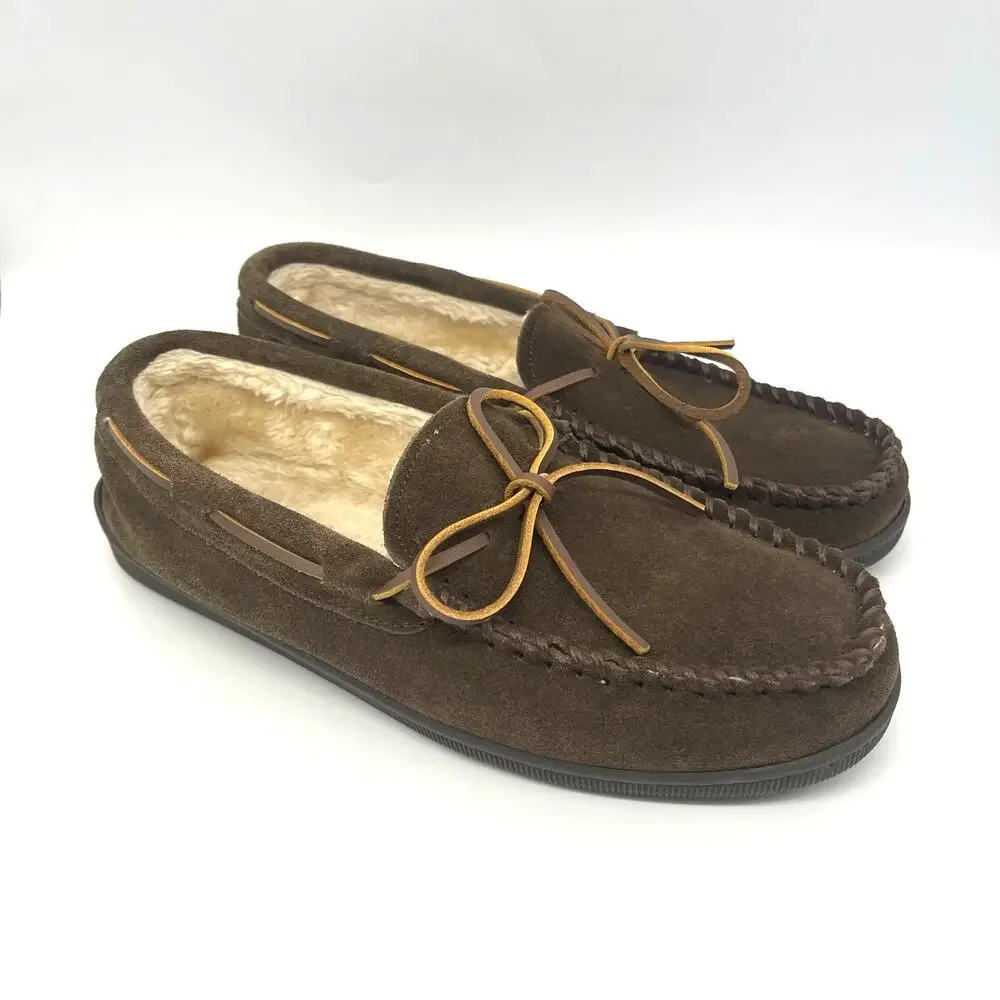 Minnetonka Men's Brown Suede Moccasins Pile Lined Indoor Outdoor Slippers Sz 11